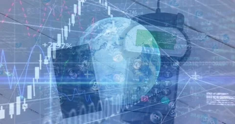 Animation of financial data processing over payment terminal Stock Footage 219030081