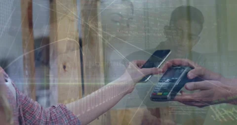 Animation of financial data processing over people using smartphone and payment Stock Footage 219030085