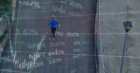 Animation of financial data processing over man running on street Stock Footage 220591124