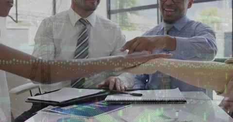 Animation of financial data processing over diverse business people stacking Stock Footage 220745605