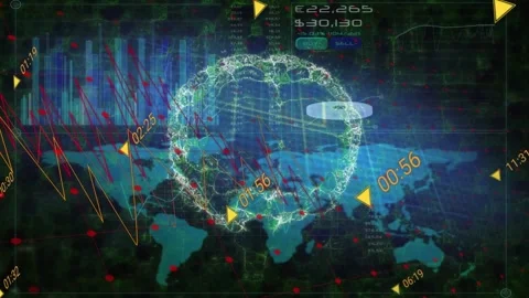 Animation of financial data processing over brain icon against world map and Stock Footage 221875120