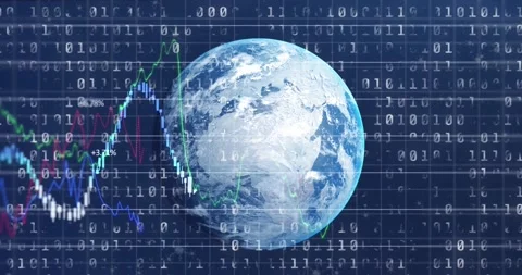 Animation of financial data processing over globe and binary coding against blue Stock Footage 233225826