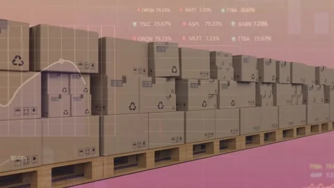 Animation of financial data processing over stack of cardboard boxes Stock Footage 234480931