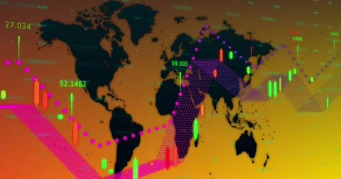 Animation of financial data processing over world map and orange background Stock Footage 241353715