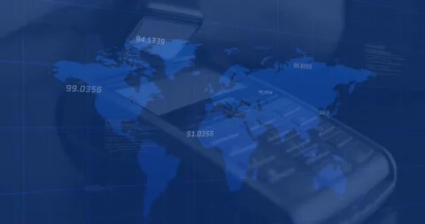 Animation of financial data processing over payment terminal on blue background Stock Footage 246736314