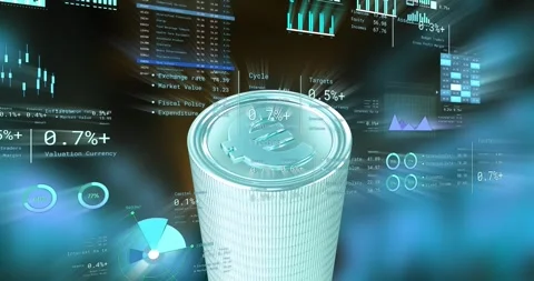 Animation of financial data processing over stack of euro coins Stock Footage 247259180