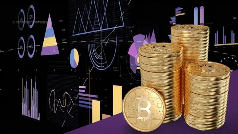 Animation of financial data processing over stacks of gold bitcoins Stock Footage 247259181