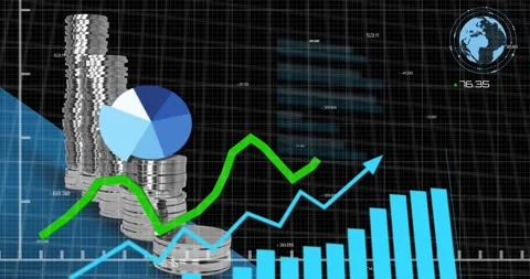 Animation of financial data processing over stack of silver coins Stock Footage 247259198