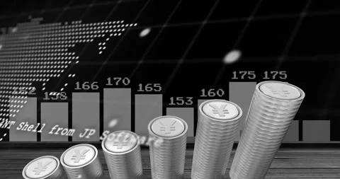 Animation of financial data processing over stacks of silver yen coins Stock Footage 247259210