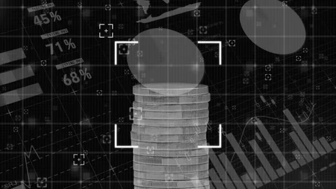 Animation of financial data processing over stack of coins Stock Footage 247259227