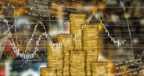 Animation of financial data processing over stacks of gold coins Stock Footage 247259236