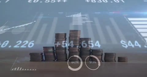 Animation of financial data processing over stacks of coins Stock Footage 247259251