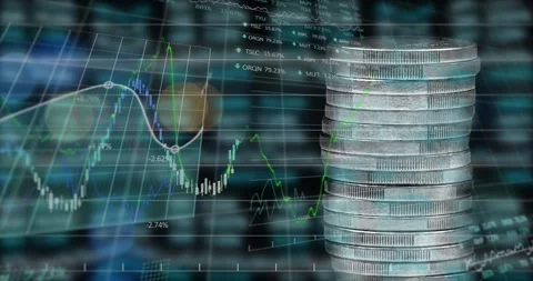 Animation of financial data processing over stack of silver coins Stock Footage 247259277