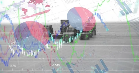 Animation of financial data processing over stacks of coins Stock Footage 247259297