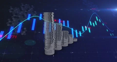 Animation of financial data processing over stacks of coins Stock Footage 247259337