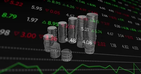 Animation of financial data processing over stacks of coins Stock Footage 247259352
