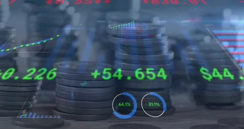 Animation of financial data processing over stacks of coins Stock Footage 247259369