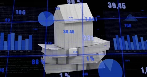 Animation of financial data processing over house and stack of banknotes Stock Footage 247312038