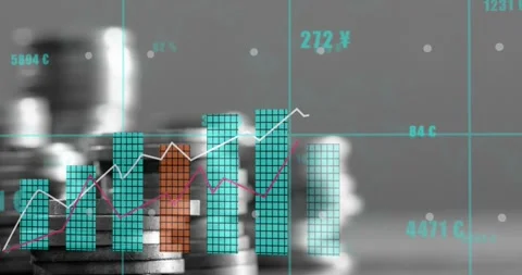 Animation of financial data processing over stacks of coins Stock Footage 247312060
