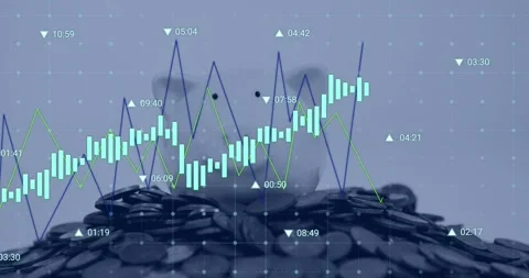 Animation of financial data processing over stack of coins Stock Footage 247312088