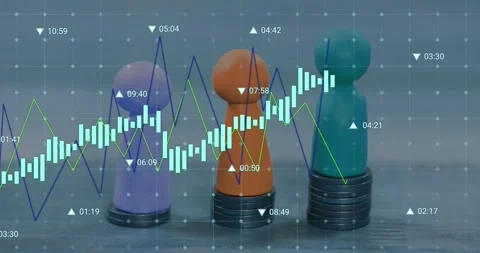 Animation of financial data processing over three pawns and stacks of coins Stock Footage 247312098