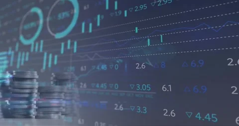 Animation of financial data processing over stacks of coins Stock Footage 247312117