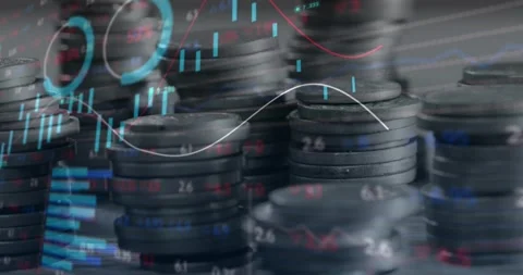 Animation of financial data processing over stacks of coins Stock Footage 247312139