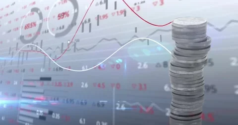 Animation of financial data processing over stack of coins Stock Footage 247312214