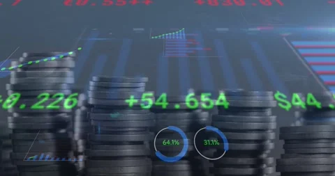Animation of financial data processing over stack of coins Stock Footage 247312240