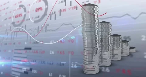 Animation of financial data processing over stacks of silver coins Stock Footage 247312242