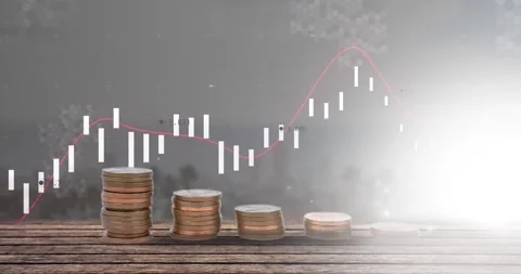 Animation of financial data processing over stacks of coins Stock Footage 247312261