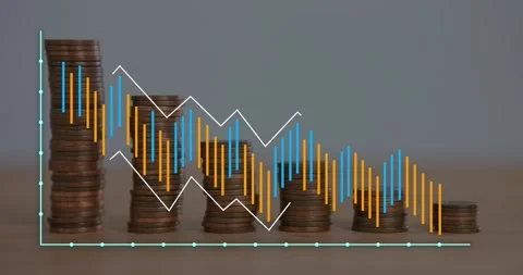 Animation of financial data processing over stacks of coins Stock Footage 247312265