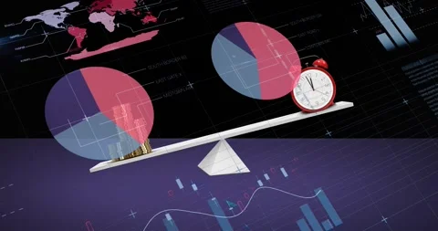 Animation of financial data processing over scales with stacks of coins and Stock Footage 247312289