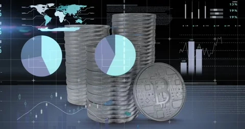 Animation of financial data processing over stacks of bitcoins Stock Footage 247312290