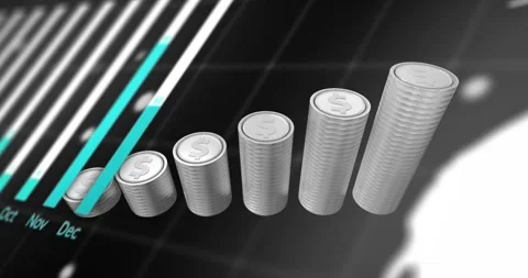 Animation of financial data processing over stacks of american dollar silver Stock Footage 247312293