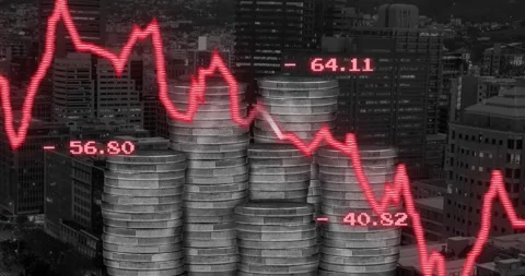 Animation of financial data processing over stacks of coins Stock Footage 247312296