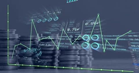 Animation of financial data processing over stacks of coins Stock Footage 247312321