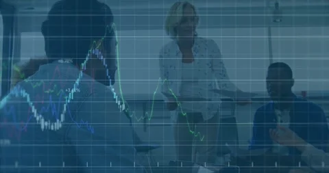 Animation of financial data processing over caucasian woman giving documents to Stock Footage 249071624