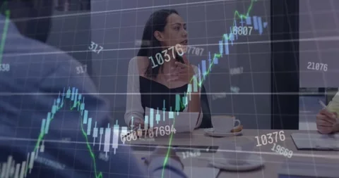 Animation of financial data processing over biracial woman with a document Video stock 249159189