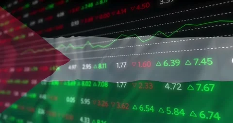 Animation of financial data processing over flag of palestine Stockbeeldmateriaal 255173961