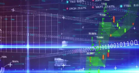 Animation of financial data processing over binary coding and grid Stock Footage 257524443