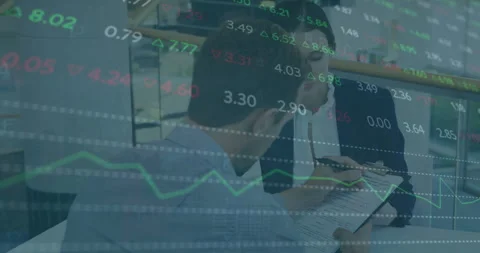 Animation of financial data processing over caucasian man signing document with Video stock 260976919