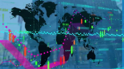 Animation of financial data processing over world map and building Vídeos de archivo 260977529