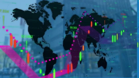 Animation of financial data processing over world map and building Vídeos de archivo 260977536