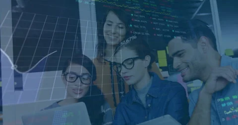 Animation of financial data processing over diverse business people in office Stock Footage 265623032