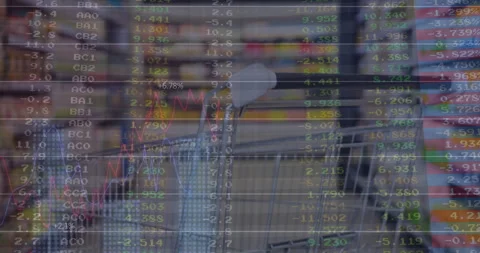 Animation of financial data processing over shopping trolley in shop Stockbeeldmateriaal 266185732