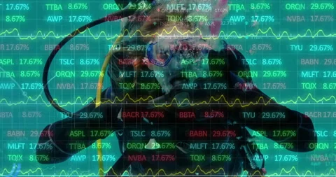 Animation of financial data processing over caucasian woman scuba diving Stock Footage 266191854