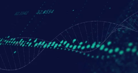 Animation of financial data processing over dna strand on black background Video stock 309356133