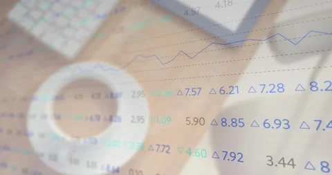 Animation of financial data processing over cup of coffee on desk Stock Footage 309741532