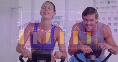 Animation of financial data processing over caucasian people exercising in gym Stock Footage 309975070